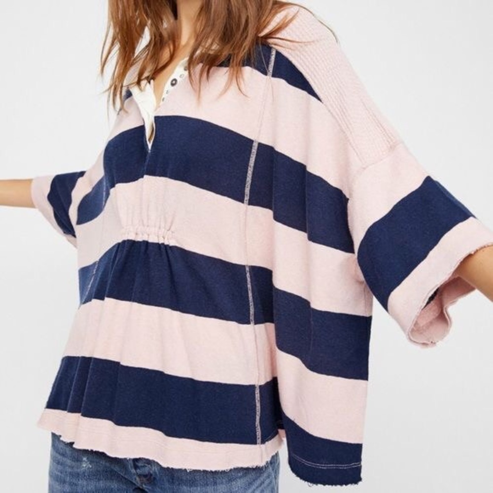 Free People Striped Yuki Oversized Polo Shirt M - Picture 1 of 8